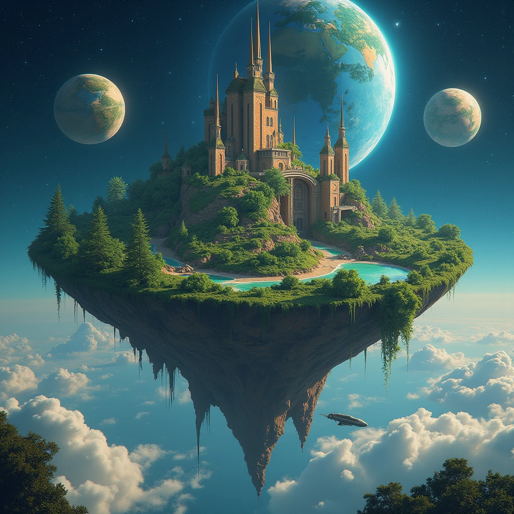 (((Stuck and isolated in outer space))), (((An island in space))), Buildings, forest, river, lake, A picture of the flat earth theory, Space Colony, absurd, wonder, Science fiction, Fantasy, absurd, Continents in space, Buildings, forest, river, lake, The Universe, stars twinkle , A spaceship flying around, Science fiction, Overall view, super detail, high details, UHD