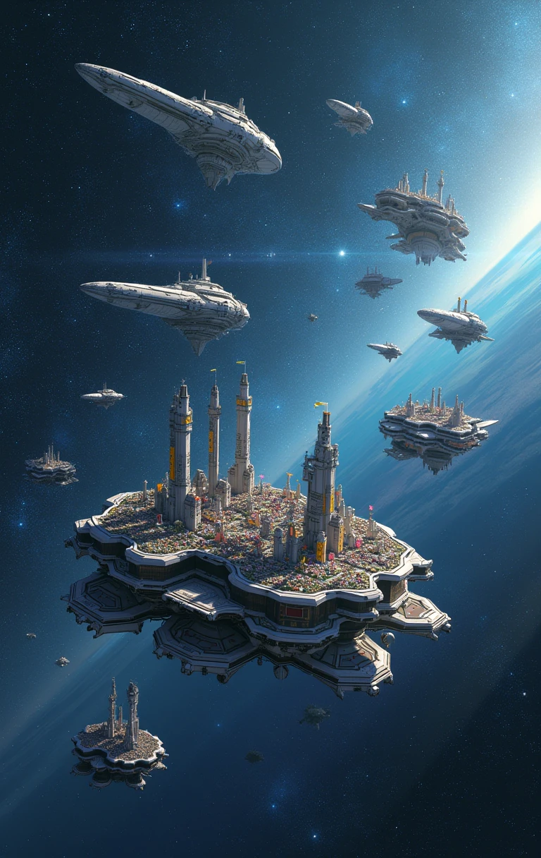 This is the universe where the stars twinkle. Space colonies of various shapes are floating. One of them shows the city inside like a macross.