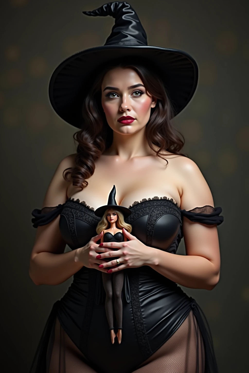 Hyperreal young woman vwitch,curvy,busty in satin basque, wearing tall pointed witches has, hands clasped between bust holdind a barbie doll witch, best quality