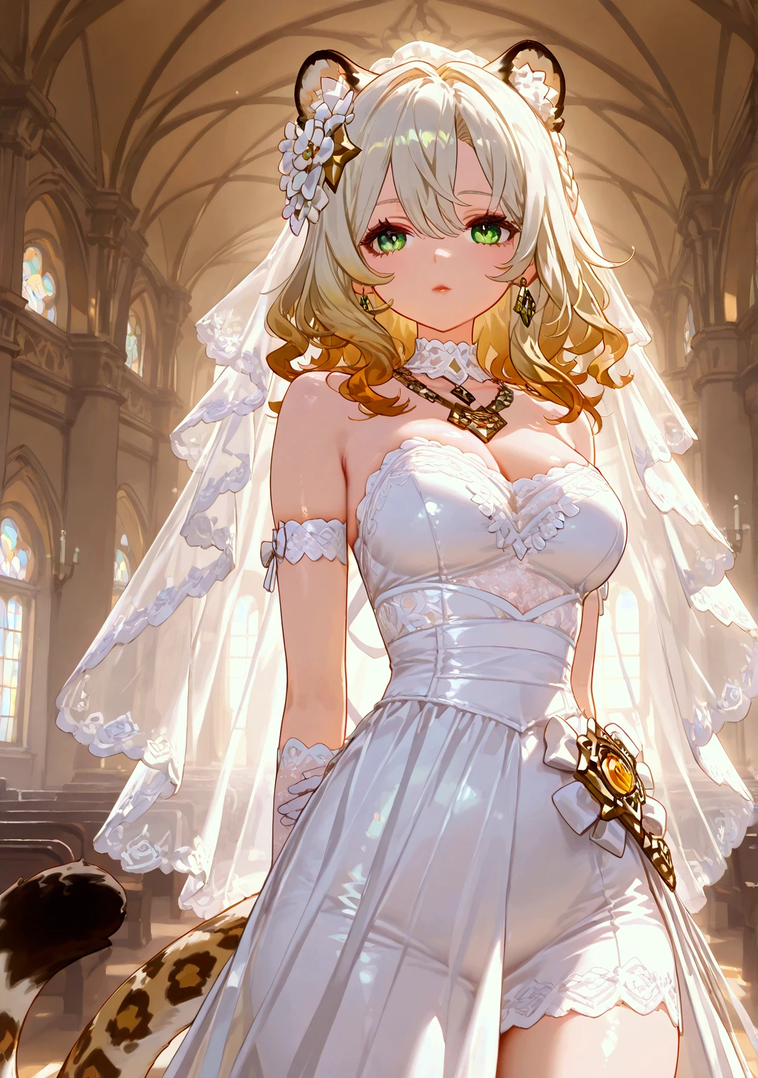 1 girl, solo, mature woman, milf, Xilonen\(genshin_impact\), medium breasts, multicolored hair, blonde hair, green eyes, braid, animal ears, tail, leopard tail, voloptuous, thick thighs, wide hips, alternate costume, close-up, beautiful bride, beautiful wedding dress, bridal veil, transparent short veil, Blushing face, head flower, headgear, tube top wedding dress, Silk dress, strapless wedding dress, pure white dress, necklace, earrings, deep V peach heart collar wedding dress, lipstick, lace gloves, long white dress, hands behind back, church, windows, rays of light, shining, gleaming, shiny, shiny skin, shiny outfit. BREAK .quality\(8k,wallpaper of extremely detailed CG unit, high resolution, top-quality, top-quality real texture skin, hyper realistic, increase the resolution, RAW photos, best quality, highly detailed, the wallpaper, golden ratio, high saturation realism, vibrant colors, dramatic lighting, persuasive storytelling, atmospheric scenery, captivating visuals, intricate details, strong emotions, dreamlike world\)