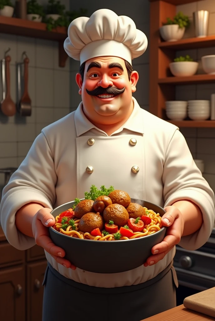 A slightly fat handsome chef with a mustache was holding a bowl of meatballs with vegetables and noodles
