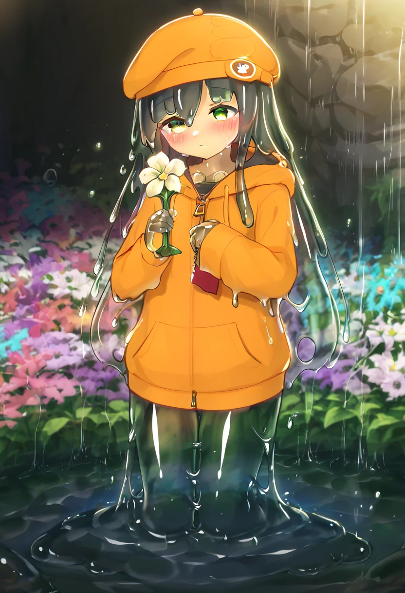 score_9, score_8_up, score_7_up,  
BREAK, 
SthrBdyS, 1girl, beret, black hair, blush, closed mouth, flower, full body, green eyes, hat, holding, holding flower, hood, hood down, hoodie, long hair, monster girl, orange hat, slime girl, solo, yellow eyes, zipper pull tab, best quality, amazing quality, very aesthetic, highly detailed, intricate details, perfect anatomy, beautifully rendered, dynamic lighting, professional illustration, artstation, 