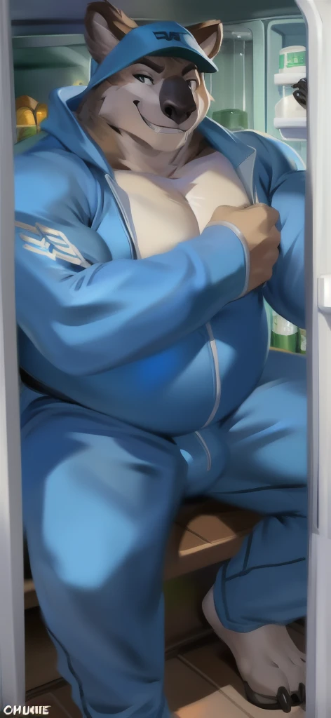 alone, Male tall ,Big torso ,Sit inside. , Wear a blue scarf., refrigerator, koala crocodile ,Long agave, blue military spacesuit , Overweight , tight muscle , blue Tracksuit soldier, Smirking , by chunie