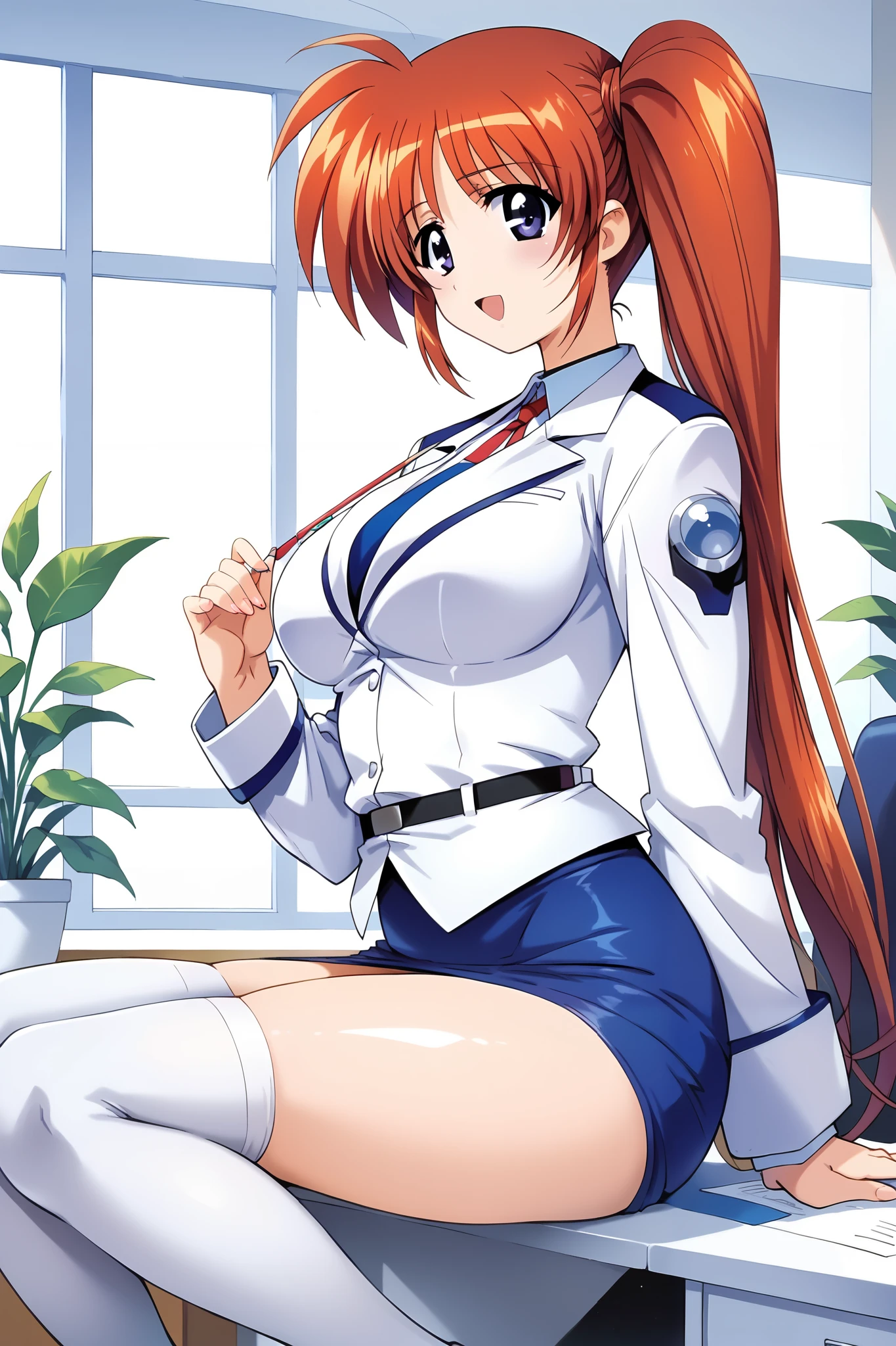 score_9, score_8_ up, score_7_ up, masterpiece,  top quality,  very aesthetic,  absurd,  One Girl , Alone, Shiny Skin、 Takamachi Nanoha ,  long hair,  side ponytail, Red Hair, Small Head,  purple eyes,  Big Breasts, uniform,  white jacket,  Long Sleeve ,  blue pencil skirt,  white thigh high socks,  embarrassing、  office