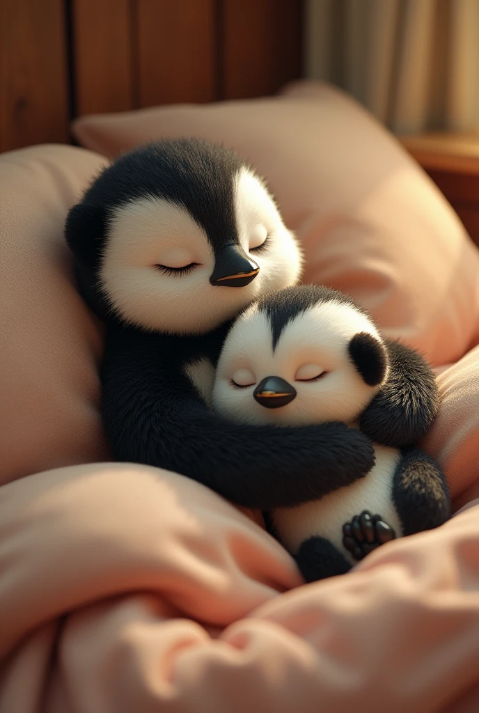 Cute penguin sleeps on the chest of little cute panda in the bed