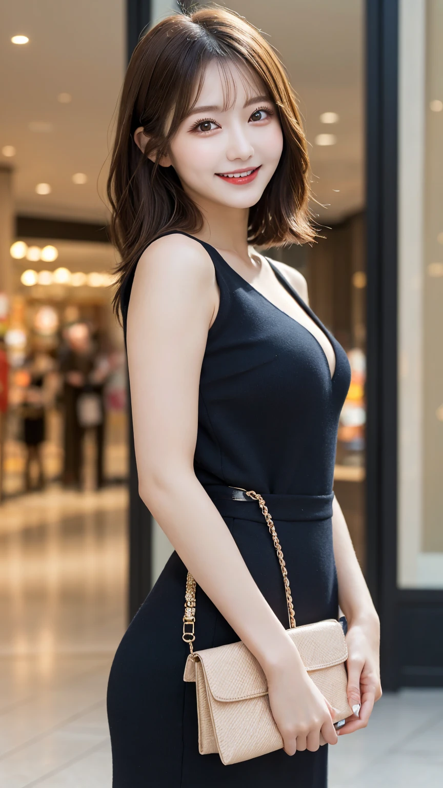 Tabletop, Highest quality, figure, Very detailed, In detail, High resolution, 8k wallpaper, Perfect dynamic composition, ((erection of nipple)), Beautiful attention to detail, (dress),Medium Hair, Same as, Natural color lip, Random sexy poses, Big ample breasts、smile, Earrings, necklace, Aoyama Street Walk, 20-year-old girl, Depth of written boundary、Whole Body Ezbian