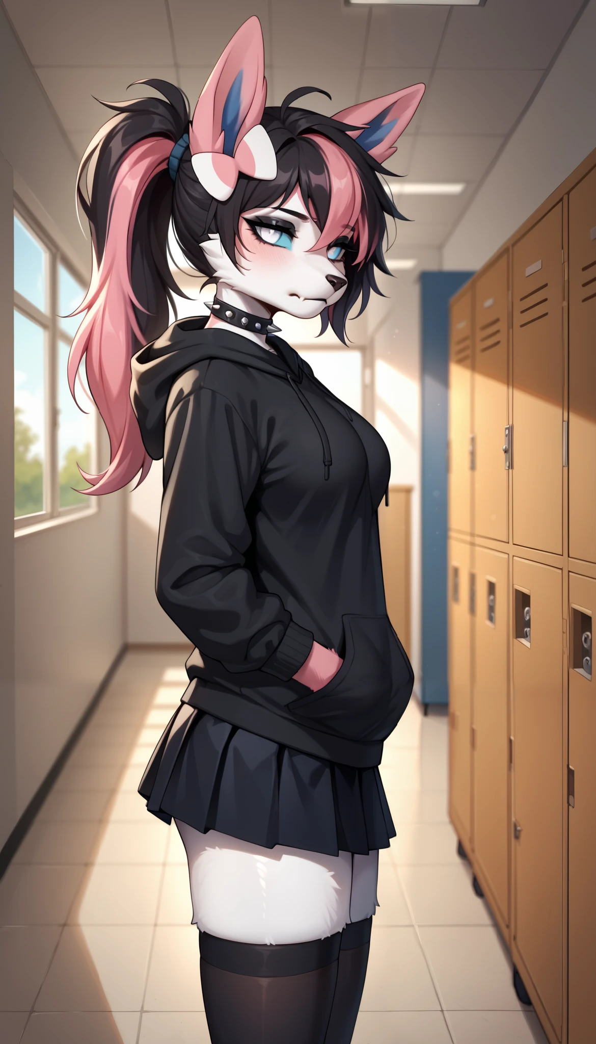 score_9, score_8_up, score_7_up, source_anime, source_furry, (beautiful, detailed background, digital artwork, digital art, well shaded artwork, depth, detailed artwork)1.2, 1girl, female, furry, anthro, Sylveon, school setting, school hallway, locker, medium breasts, natural breasts, thighs, black hair, (pink highlights), long hair, messy hair, white eyes, cyan sclera, black oversize hoodie, (black stockings with white stripes), black spiked wristband, black spiked choker, black skirt, emo girl, tired eyes, depressed, black eyeshadow, black lips, ponytail, sunset, hands in both pockets, side view, looking at the viewer, head tilt, indifferent, apathetic expression 