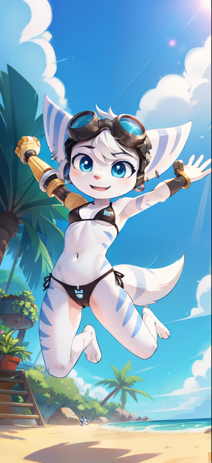 score_9,score_8_up,score_7_up, source_cartoon, source_furry, girl, Rivet, lombax, blue eyes, white body fur, white hair, animal ears, earrings, ((goggles, black bikini, navel)) bangs, mechanical left arm, tail, beach, clear sky, smile, solo, triadic lighting, feets with three toes, detailed body fur, detailed eyes, detailed face, gorgeous body, skinny, short body, big head, full body, jumping, happy, joyful, extended arms,