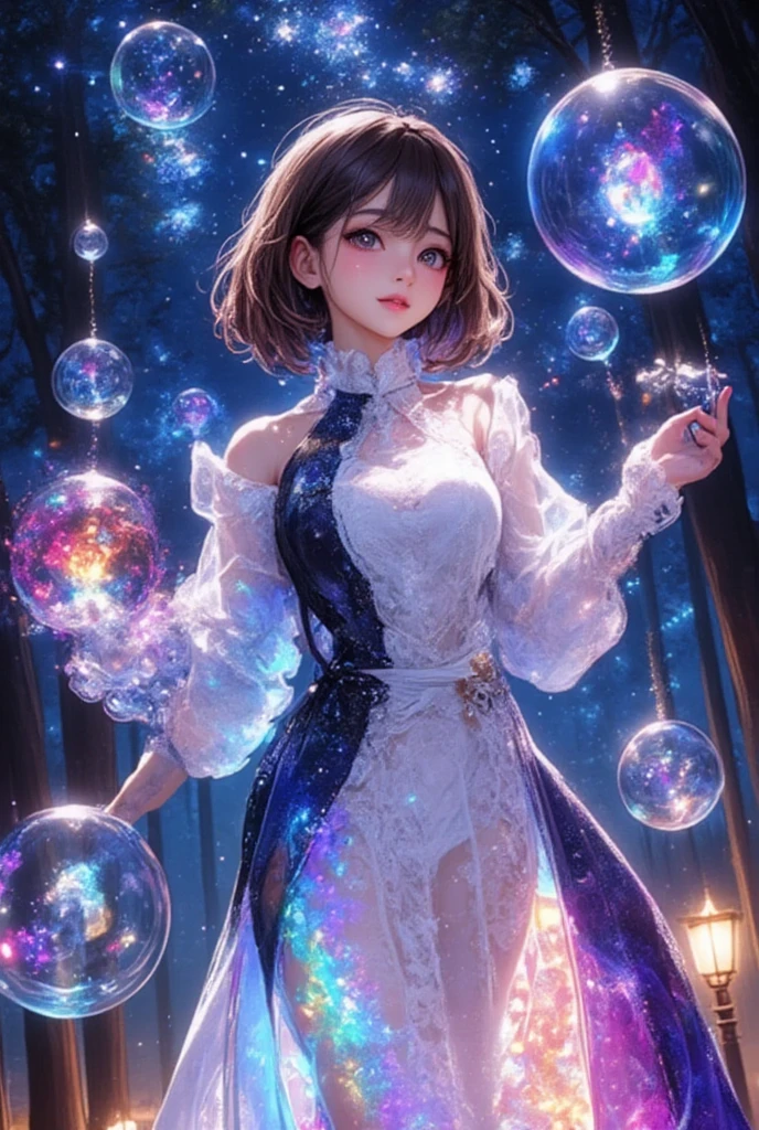 Beautiful young witch"Haruna"Invoke magic , (glowing Bubble that float gracefully around her), Bubble, shining magical particles and vibrant, Sparkling light in blue hues,  pink, Money and, medium-length hair gently shines, And her elegant,  A majestic costume with a magical pattern that shines , The Bubble themselves are translucent, Contains swirling rainbow colors and small magical letters, Emitting a soft light, The atmosphere is vibrant and fantastical, A dim forest background is faintly visible, Illuminated by glowing spheres and mysterious rays, The overall tone is colorful, enchanting, Full of fantastical fantasy, Has detailed highlights and sparkling colors,