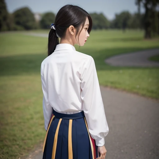 (((shoot from behind))),(((no glasses))), 1girl, (((17 years old))), (((huge bureast:1.5))), brown ponytail, (blush:1.5), ((shy face:1.5)), ((beautiful anime eyes with fine detail)), realistic skin, (intricate details), (((white blouse))),(((navy blue pleated skirt))),  ((((wind lift:1.5)))), (showing panties), ((skirt fluttering:1.5)), (tie), socks, A strong wind blows from below, white panties, best lighting, depth field, ((ultra high resolution, high res)), {highres}, {{very fine 8KCG wallpapers}}, {{very precise detailed}}, ((((masterpiece)))), detailed Tokyo streetscape