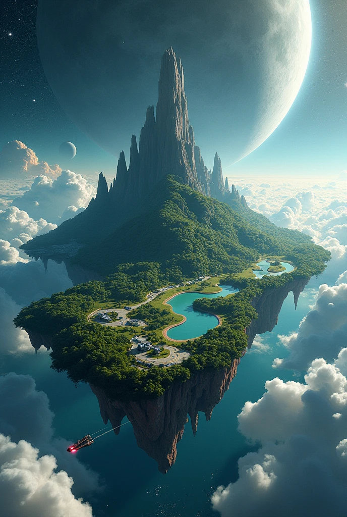 (((Stuck and isolated in outer space))), (((An island in space))), Buildings, forest, river, lake, A picture of the flat earth theory, Space Colony, absurd, wonder, Science fiction, Fantasy, absurd, Continents in space, Buildings, forest, river, lake, The Universe, stars twinkle , A spaceship flying around, Science fiction, Overall view, super detail, high details, UHD