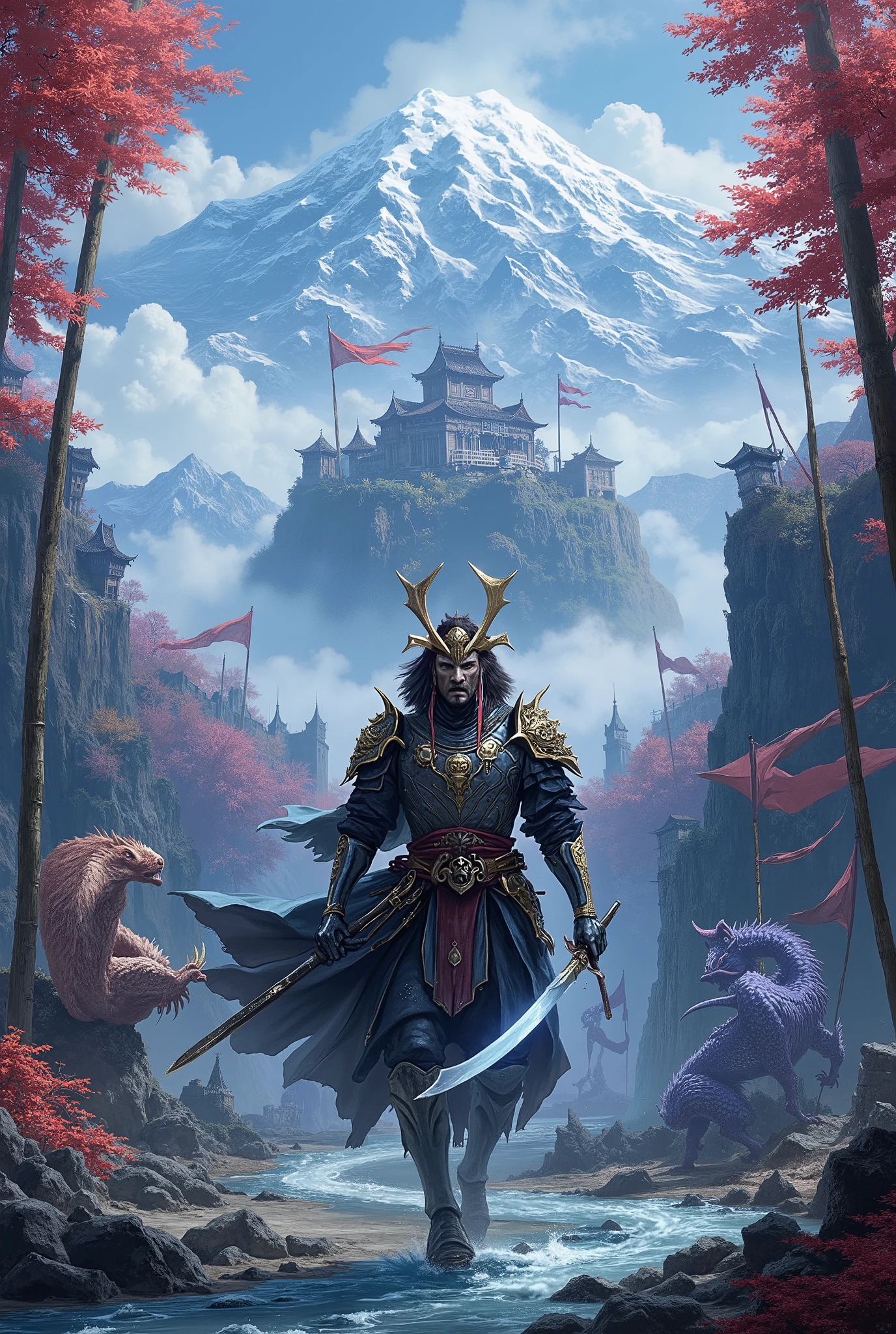     A cover for a Dungeons and Dragons book    :

  The cover shows a vast and serene landscape ,  with a large snowy mountain in the background ,  its summit shrouded in mystical fog .  A crystalline river meanders through the scene ,  surrounded by bamboo and trees with red autumn leaves .  in the foreground ,  a figure armed with traditional samurai armor ,  of dark and metallic tones with golden details ,  it holds an ancient katana ,  whose edge shines with an ethereal light .  The figure wears a helmet ornamented with details of dragons and phoenixes,  with a mask of fierce expression .

Around you, , shadows of mythical creatures and ancient spirits ,  represented in shades of blue and purple ,  evoking the magic and the supernatural of the fantasy world . On the horizon,  a castle of feudal architecture ,  with curved roofs , perched on a cliff ,  float surrounded by a battlefield with banners fluttering in the wind .