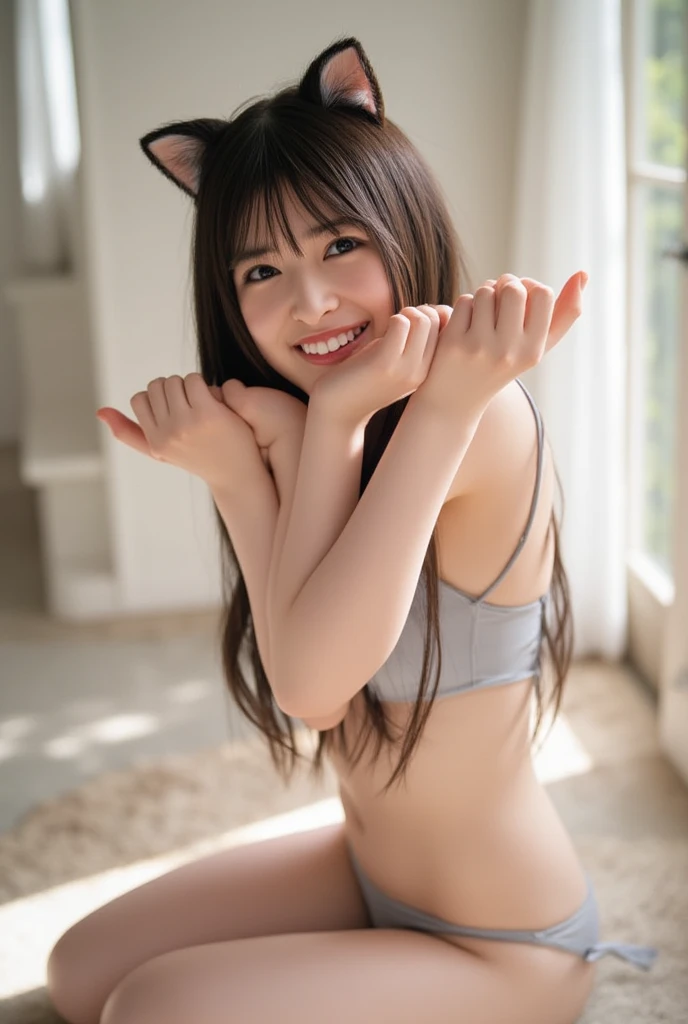 masterpiece, Highest quality, One girl、Photorealistic、smile、日本のNeatOL、Full Body Focus、suit、hemp rope bondage、No underwear、No bra、Neat、Serious、Honor student、Crouch down、Leg spread、In front of a white wall、nude、Layered Hair
