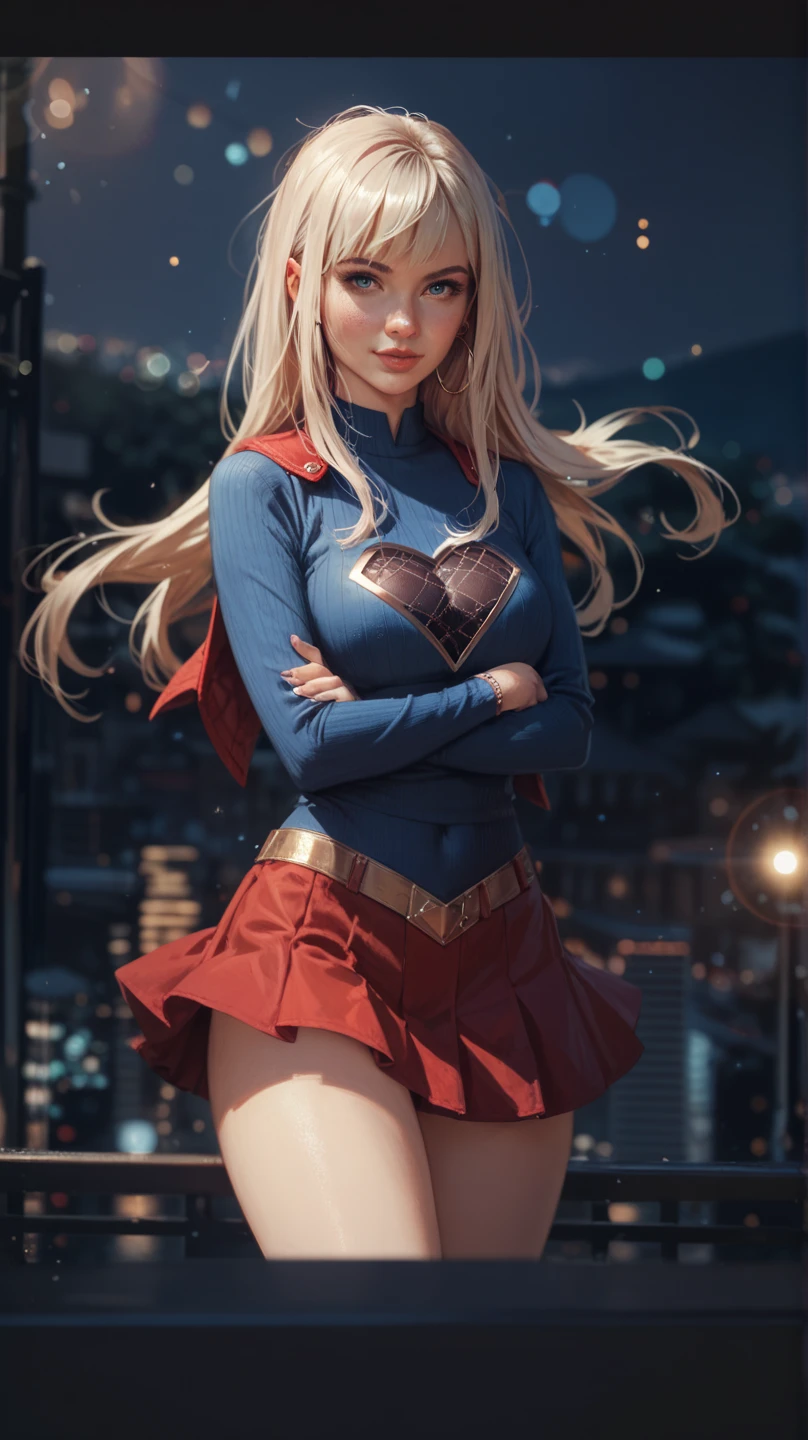 (8k, Supergirl's masterpiece best quality), ultra detail, beautiful thin blue eyes with beautiful details, exquisite face detailed, high quality, high resolution, beautiful hairstyle, realistic eyes, beautiful blue eyes detailed, blonde with long hair (realistic skin), facing the audience, girl wearing sexy low-cut costume, with superman letter S, medium breasts, short skirt, lock, ruins, unique, empty eyes, expressionless, blonde hair, short, mechanical prosthetics, thick legs, sexy, unreal 5, Full-shot Angle, sexy. --auto --s2
