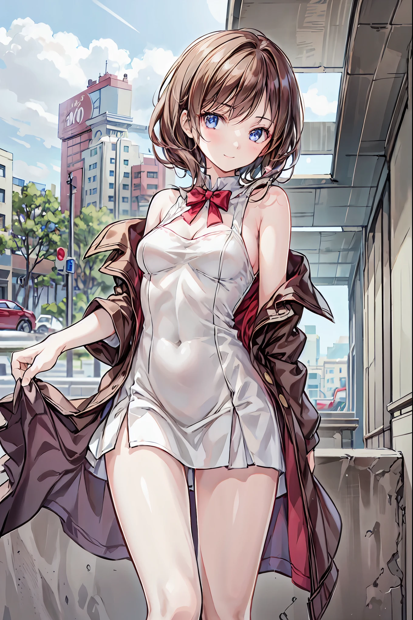 独奏、(No sleeve、White dress white、Armpit)、Toned body、Bare thighs、(short hair、Brown Hair、Barrette、hair ornaments)、(Brown eyes:1.5)、(yuihirasawa、yui hirasawa、Yui Hirasawa)、(Panty shot、White panties、Panties transparent with sweat、Mansuji)、Big Breasts、In town、bustling street、独奏