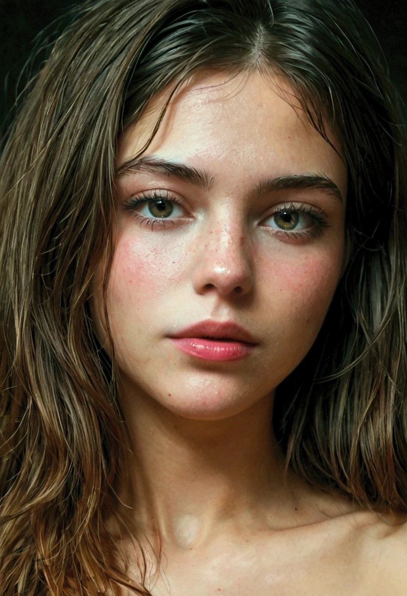 really pretty 18 years old girl. Brown hair. Innocent face. Straight looking to the camera. Facing the camera. Green eyes. Freckles 