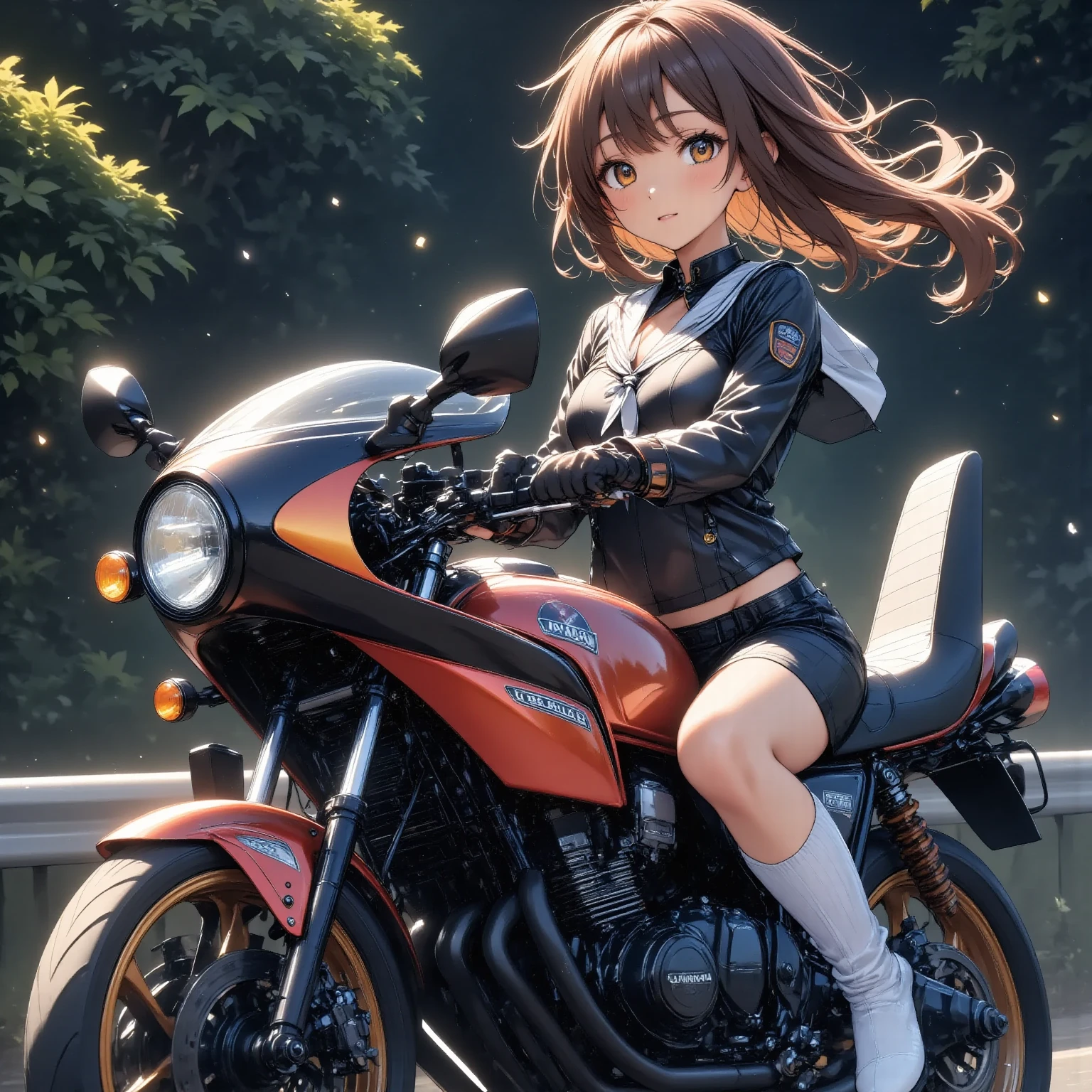 ONE HIGH SCHOOL GIRL RIDING A MOTORCYCLE 　+ CAFE RACER TUNED HONDA CBX400F　+ glossy brown skin + sailor suit　+ loose socks　+ rocket cowl 　、 top quality,  