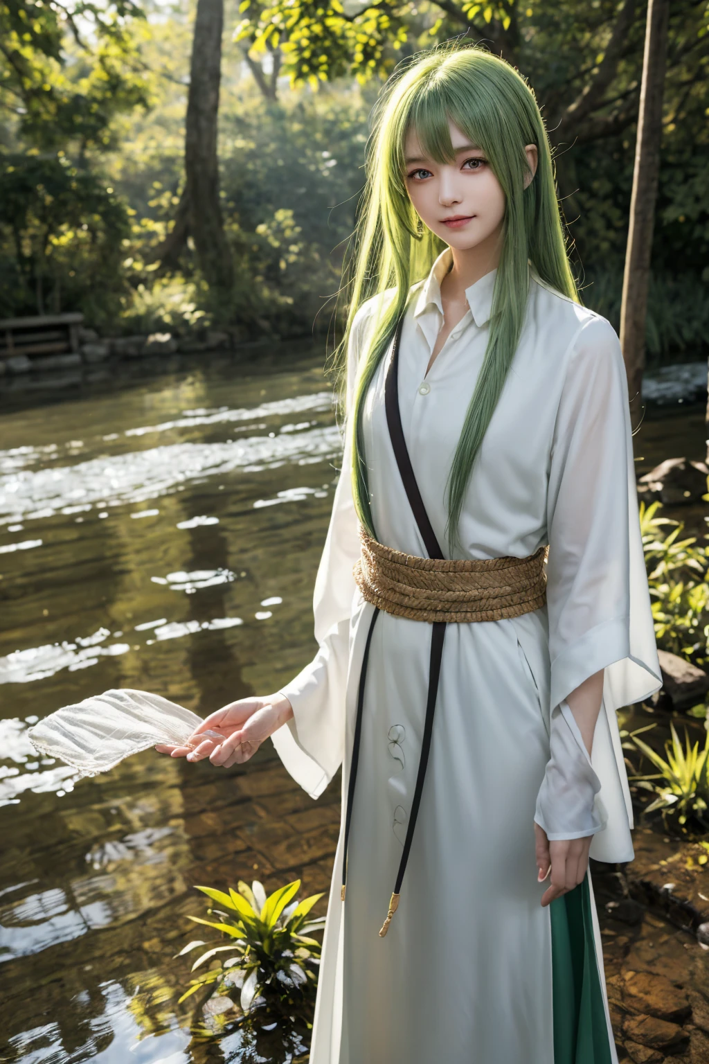 masterpiece,  top quality, Enkidu, White,  upper body,  gentle smile , standing,  Watch Viewers , forest ,one piece of cloth, green hair, hold out your hand