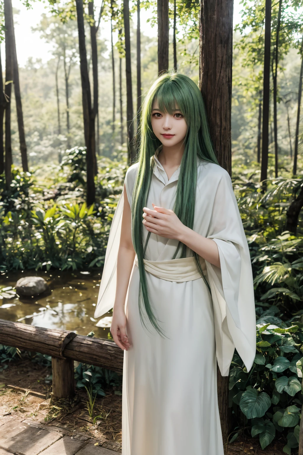 masterpiece,  top quality, Enkidu, White,  upper body,  gentle smile , standing,  Watch Viewers , forest ,one piece of cloth, green hair, hold out your hand