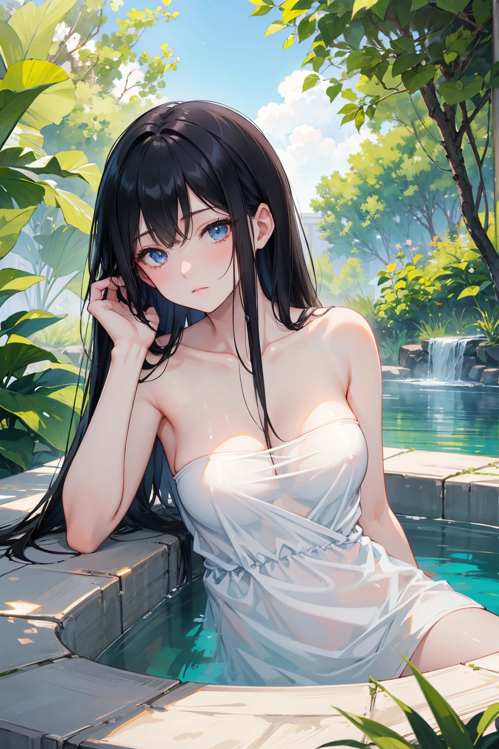 (Master masterpiece、beste-Qualit、beste-Qualit、Official art、Beautiful and aesthetic:1.2),Girl in a swimsuit, Summer, Water droplets,细致背景、Nature、Arm up、Smiles、cute-cute、Mysterious、mysterious background、chee、Shy face、small tits、A slender、