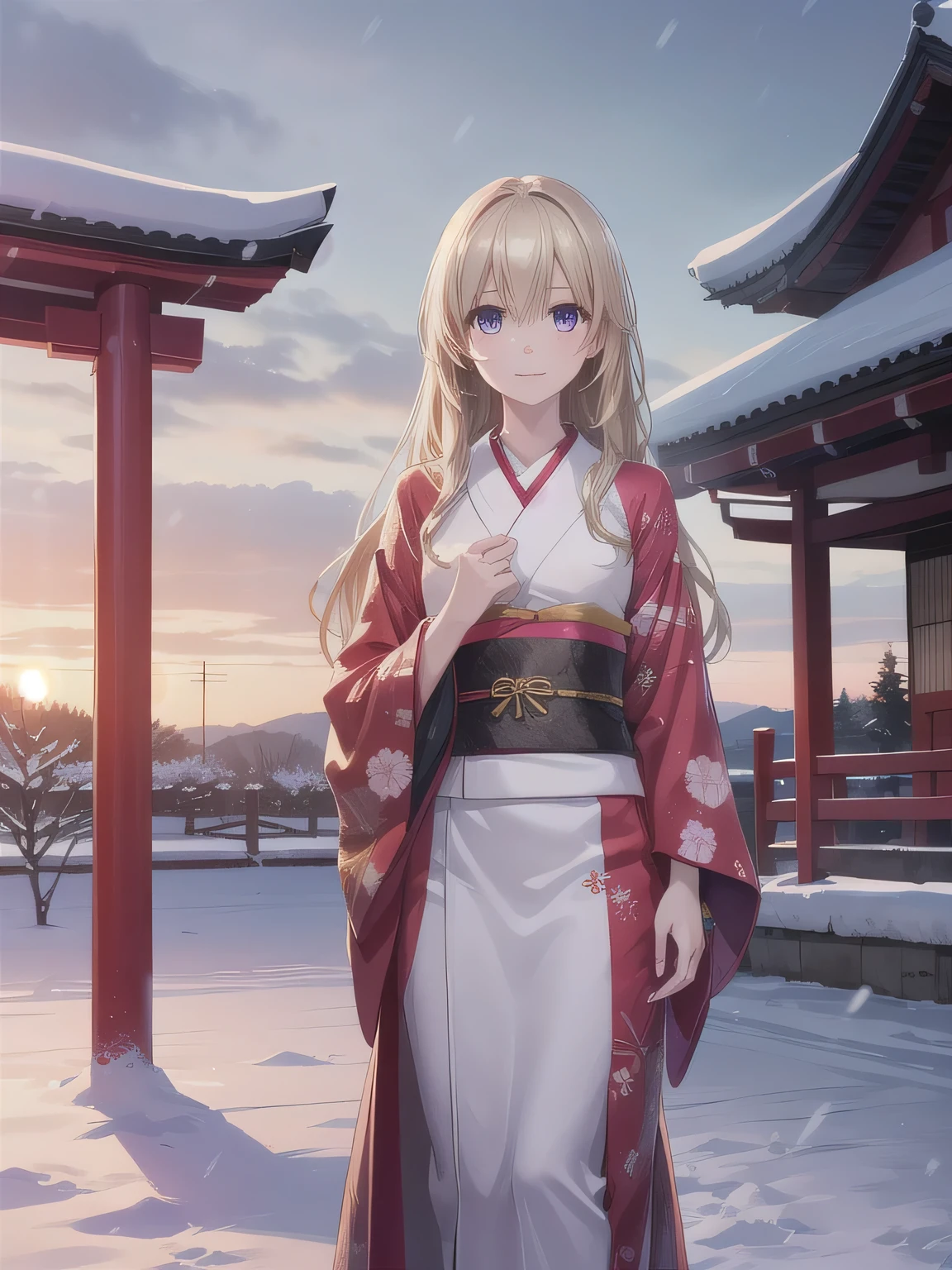 A breathtakingly beautiful 20-year-old woman with a slender physique, dressed in an elegant black and red kimono suitable for the Japanese New Year. She stands against the serene backdrop of a New Year's sunrise, featuring a traditional Japanese shrine, snow-covered grounds, and vibrant red camellias in bloom. Her gentle smile and friendly expression harmonize with the peaceful atmosphere of the snowy morning. (RAW photo, top quality, realistic, photo-realistic:1.4), (masterpiece, extremely detailed, 2k wallpaper), (Ultra Details, high res, soft light, cinematic lighting), (perfect anatomy, slender body), (extremely detailed eyes and face, beautiful nose, beautiful eyes). Golden Hair 。 long hair。