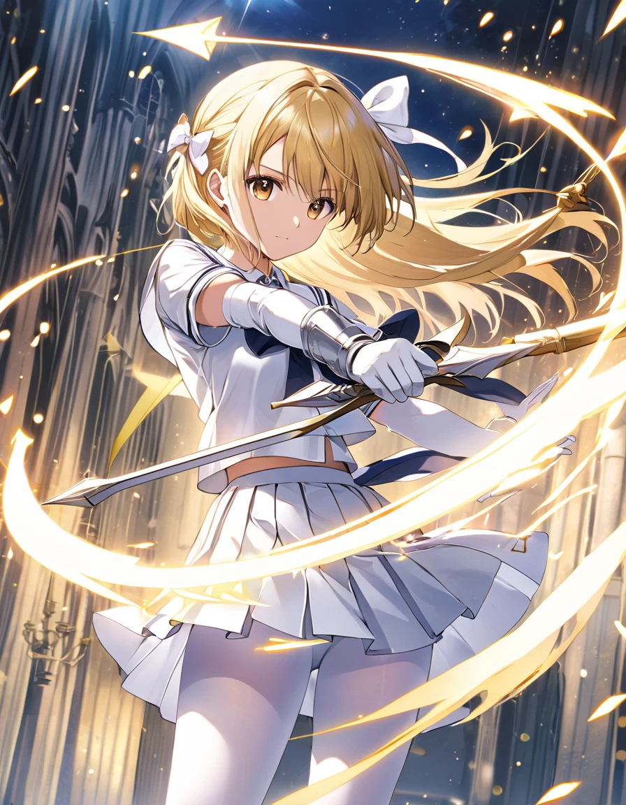   knight ， blonde anime girl，white short-sleeved school uniform ，white pleated skirt，  white gloves ， white pantyhose， has a large magical weapon of bows and arrows