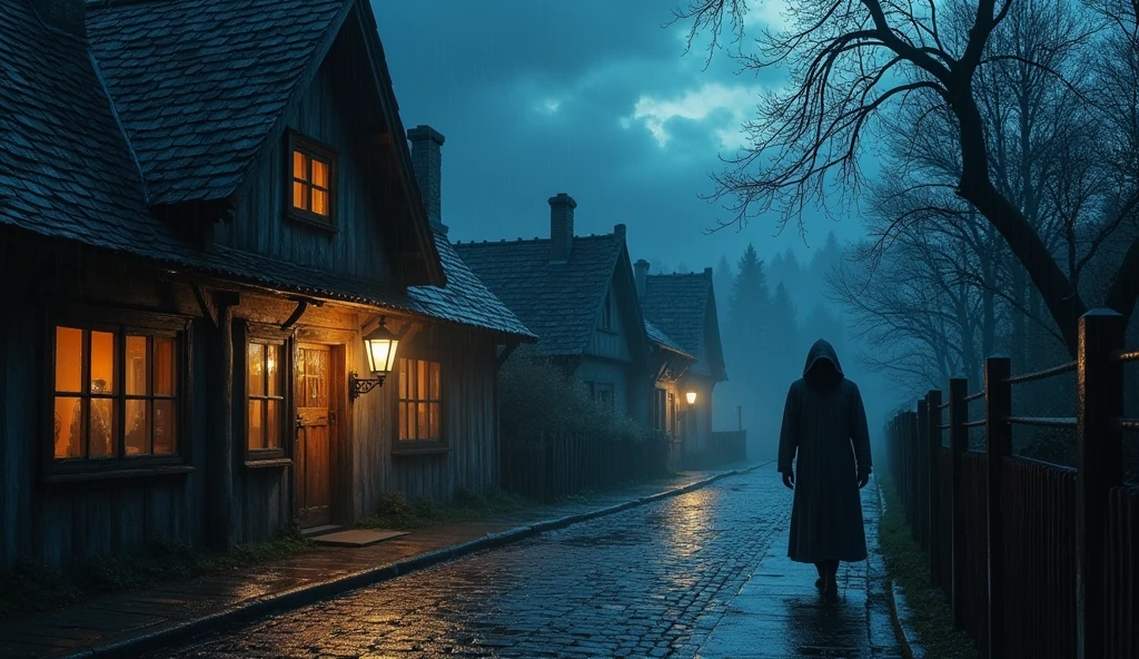 "A suspenseful village scene on a stormy night, with cobblestone streets reflecting the rain. An old inn with a warm glowing window stands at the side. A hooded figure walks under a dimly lit lantern, while distant thunderclouds and an eerie forest in the background add to the mystery."