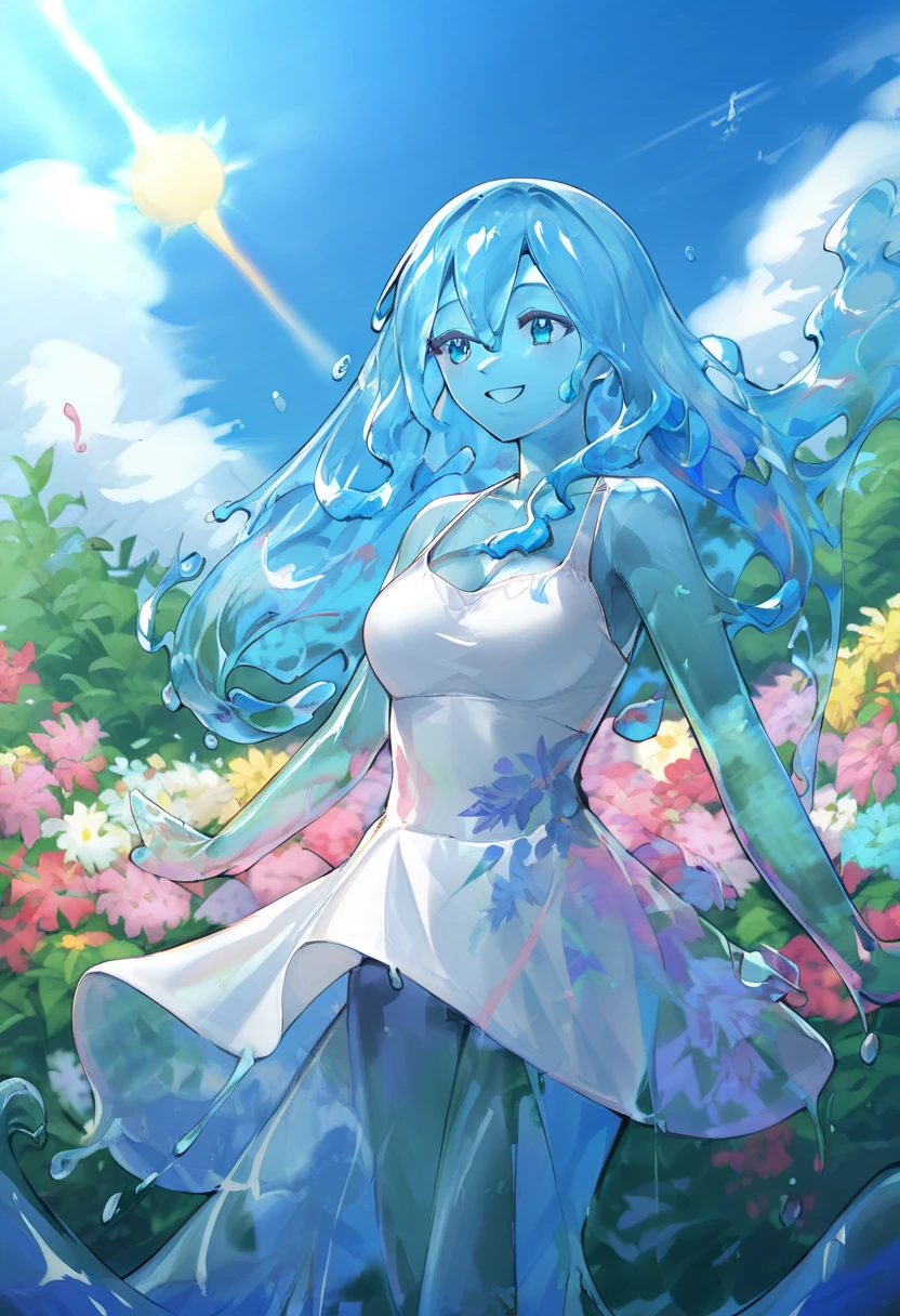 score_9, score_8_up, score_9_up, score_7_up, high quality, masterpiece, highly detailed, solo, (((blue slime girl))), long hair, medium breasts, sun dress, smile, sunny sky, windy, flowing hair, flowers