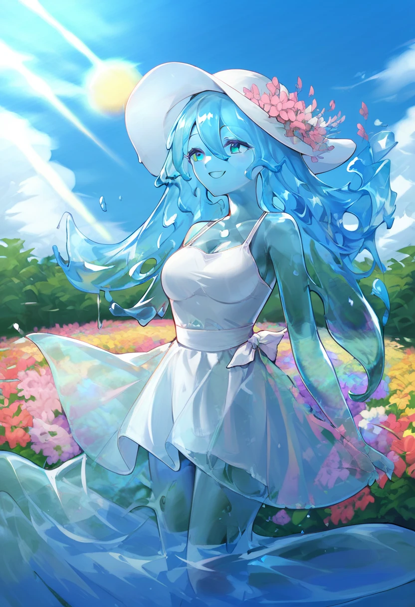 score_9, score_8_up, score_9_up, score_7_up, high quality, masterpiece, highly detailed, solo, (((blue slime girl))), long hair, medium breasts, sun dress, smile, sunny sky, windy, flowing hair, flowers