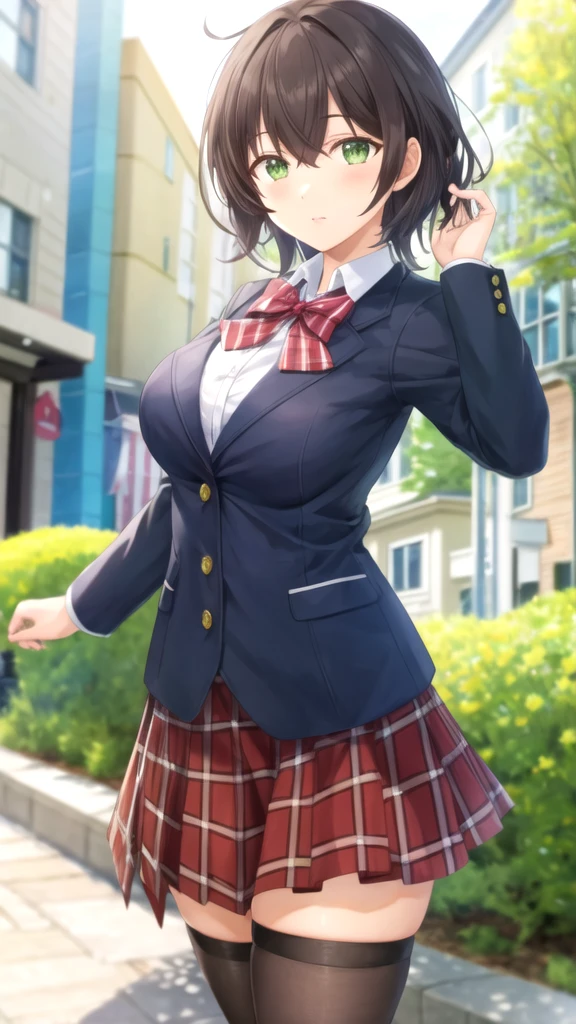 masterpiece, best quality, girl, solo, looking at viewer, natsuo_fujii, black hair, green eyes, large breasts, red bow, striped bow, blazer, blue jacket, long sleeves, plaid skirt, brown skirt, black thighhighs, outdoors, cowboy shot, standing, looking at viewer,