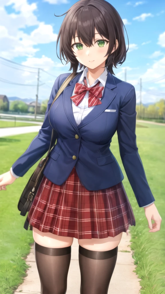 masterpiece, best quality, girl, solo, looking at viewer, natsuo_fujii, black hair, green eyes, large breasts, red bow, striped bow, blazer, blue jacket, long sleeves, plaid skirt, brown skirt, black thighhighs, outdoors, cowboy shot, standing, looking at viewer,