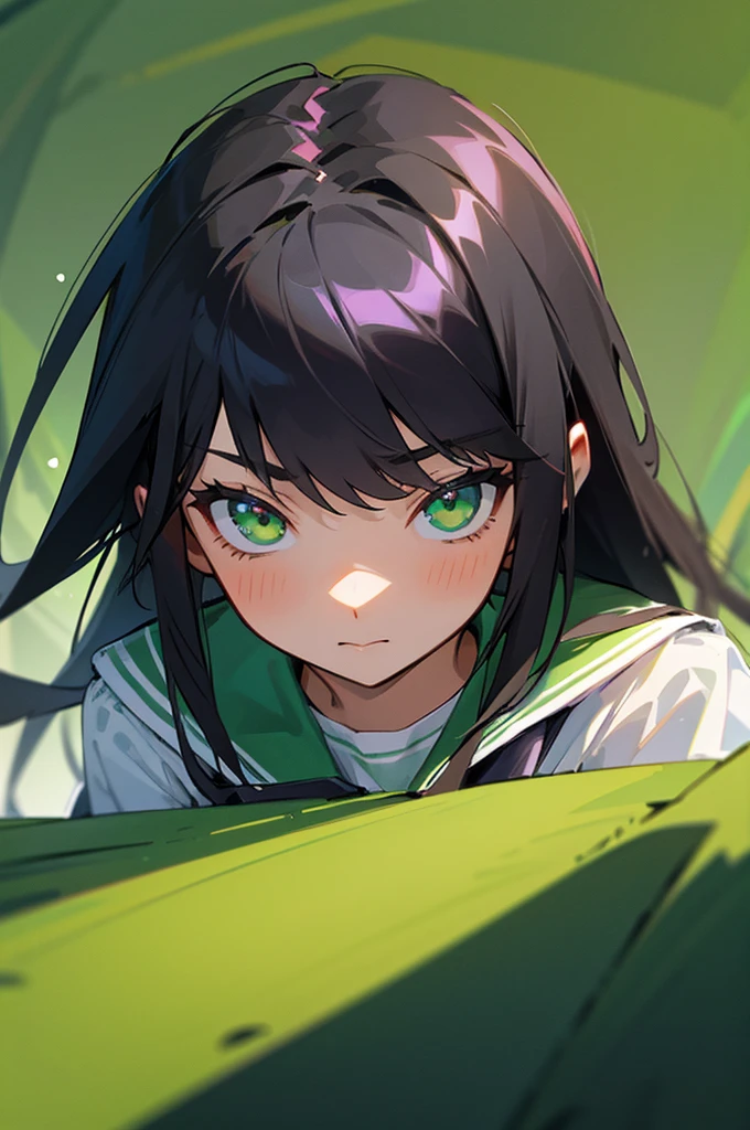 masterpiece, best quality, Black hair, green eyes, Student clothing, School Backgroudn