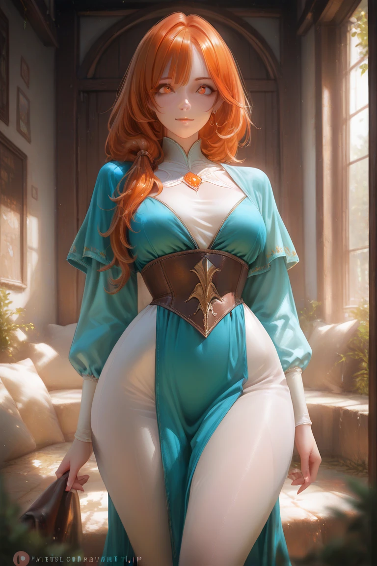 beautiful woman, milf, with long orange hair, orange eyes, and a detailed background, every detail is rendered in superb detail, perfect composition, masterpiece, best quality, 8k, ultra-detailed, anime, correct anatomy, detailed face, correct eye anatomy,  illustration, full_body, round face, noble , fantasy clothes, merchant , wide hips