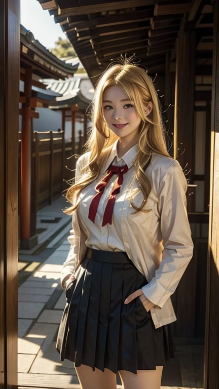  Japanese high school uniform 、 In front of the shrine torii、 big breasts、ｄcup、 blondes、Blonde hair、Bomb Hair、  slouched forward、smile、 has his hands in his pocket