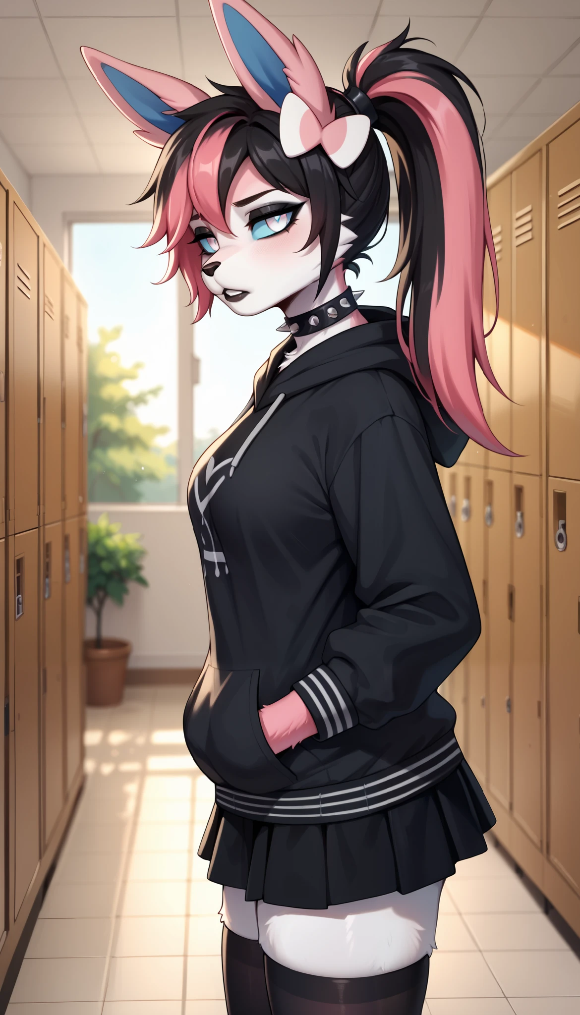 score_9, score_8_up, score_7_up, source_anime, source_furry, (beautiful, detailed background, digital artwork, digital art, well shaded artwork, depth, detailed artwork)1.2, 1girl, female, furry, anthro, Sylveon, school setting, school hallway, locker, medium breasts, natural breasts, thighs, black hair, (pink highlights), long hair, messy hair, white eyes, cyan sclera, black oversize hoodie, (black stockings with white stripes), black spiked wristband, black spiked choker, black skirt, emo girl, tired eyes, depressed, black eyeshadow, black lips, ponytail, sunset, hands in both pockets, side view, looking at the viewer, head tilt, indifferent, apathetic expression, half-closed eyes