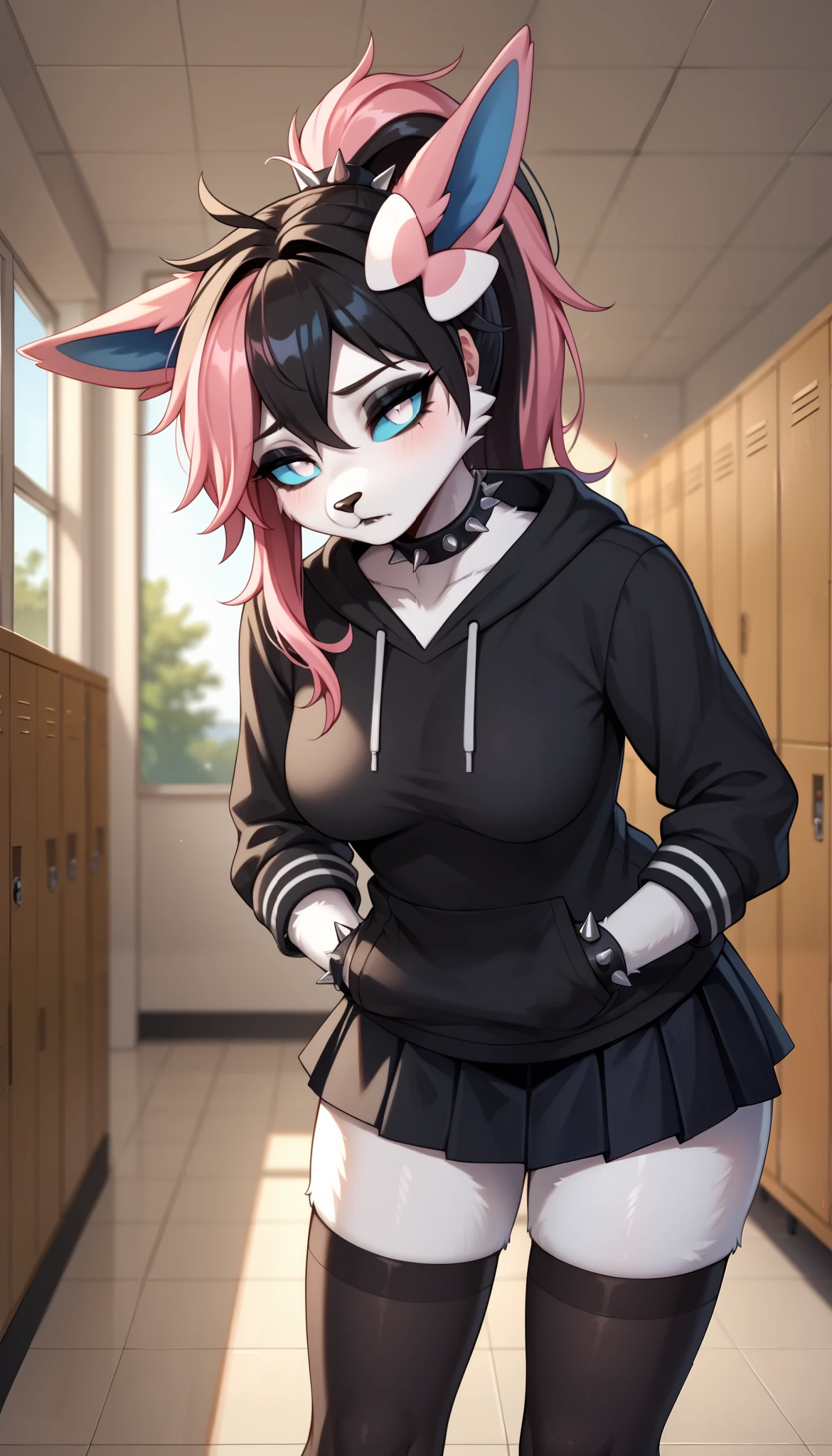 score_9, score_8_up, score_7_up, source_anime, source_furry, (beautiful, detailed background, digital artwork, digital art, well shaded artwork, depth, detailed artwork)1.2, 1girl, female, furry, anthro, Sylveon, school setting, school hallway, locker, medium breasts, natural breasts, thighs, black hair, (pink highlights), long hair, messy hair, white eyes, cyan sclera, black oversize hoodie, (black stockings with white stripes), black spiked wristband, black spiked choker, black skirt, emo girl, tired eyes, depressed, black eyeshadow, black lips, ponytail, sunset, hands in both pockets, looking at the viewer, head tilt, indifferent, apathetic expression, half-closed eyes, bent over