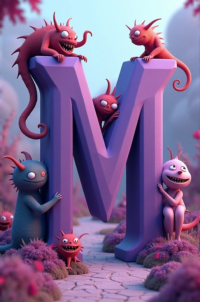 the letter M in purple and with some monsters taking care of the letter in 3D