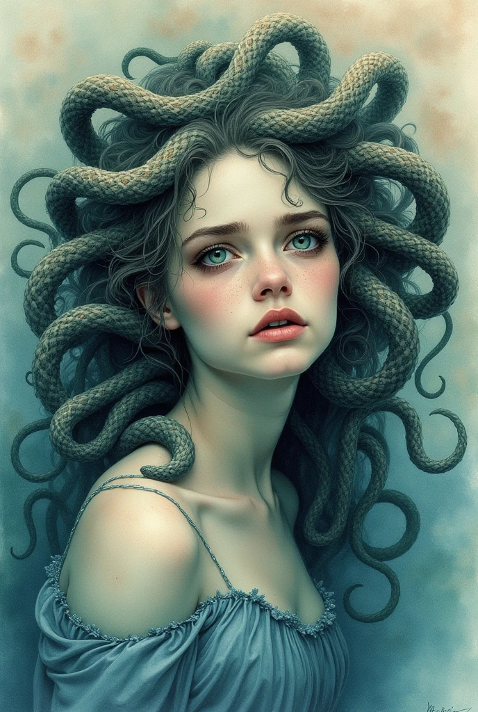 There is a woman with octopus hair, holding scissors, Portrait of the octopus goddess, beautiful octopus woman, The Goddess of the Octopus, portrait of a squid wizard, Portrait of a young Medusa, some tentacles are touching her, anthropomorphic octopus, tentacles around, exquisite digital illustration, Cephalopod mollusk, Theta and tentacles, covered with tentacles