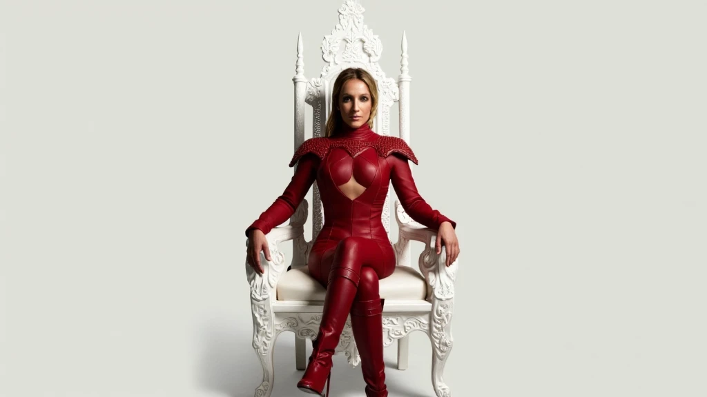 A regal, poised female figure, britney spears, britney, britneynow, seated on a high-backed white throne-like chair, dressed in a vibrant, rich crimson/red leather-like outfit featuring intricate shoulder armor and leg guards, with a flowing skirt-like detail at the hip. The chair and figure are bathed in soft, diffused light, reminiscent of a studio portrait, captured with a wide-angle lens and subtle color grading. The lighting is soft, creating a warm and polished aesthetic, emphasizing the rich tones of the outfit and the immaculate white throne.  A sense of power and authority emanates from the image, using 80s aesthetic tones, and a slight blue-tinge hue. The overall vibe is sophisticated but not overly dramatic, blending strength and elegance in a slightly theatrical yet approachable way.  A  portrait-style, high-quality studio shot, focusing on form, and composition.