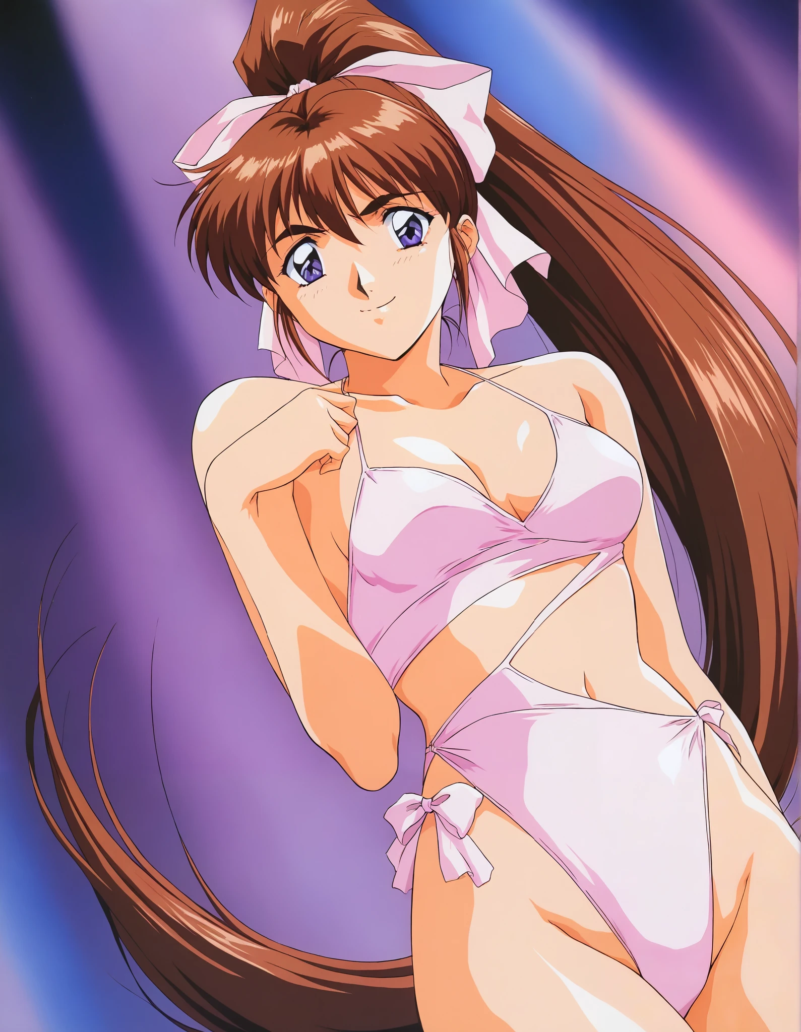 AMATSU _AI, single angle, (Alone), brown hair, ponytail, very long hair, ribbon, hair ribbon, hair bow, blue eyes, bangs, purple eyes, high ponytail, 1990s \(style\),anime coloring, small breasts, cleavage, (blight smile:1.1), sexy swimsuit, ( sexy pose ), ( I'm shy), Swimsuit competition, stage, (Beauty Contest), score_9, score_8_superior, score_7_superior, source_anime, (best quality:1.2), masterpiece, high quality , full color, 8k, high definition, natural makeup, front light
