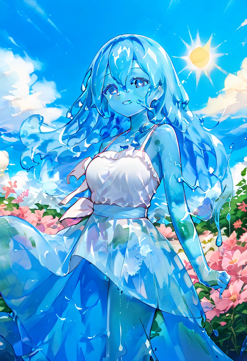 score_9, score_8_up, score_9_up, score_7_up, high quality, masterpiece, highly detailed, solo, (((blue slime girl))), long hair, medium breasts, sun dress, smile, sunny sky, windy, flowing hair, flowers