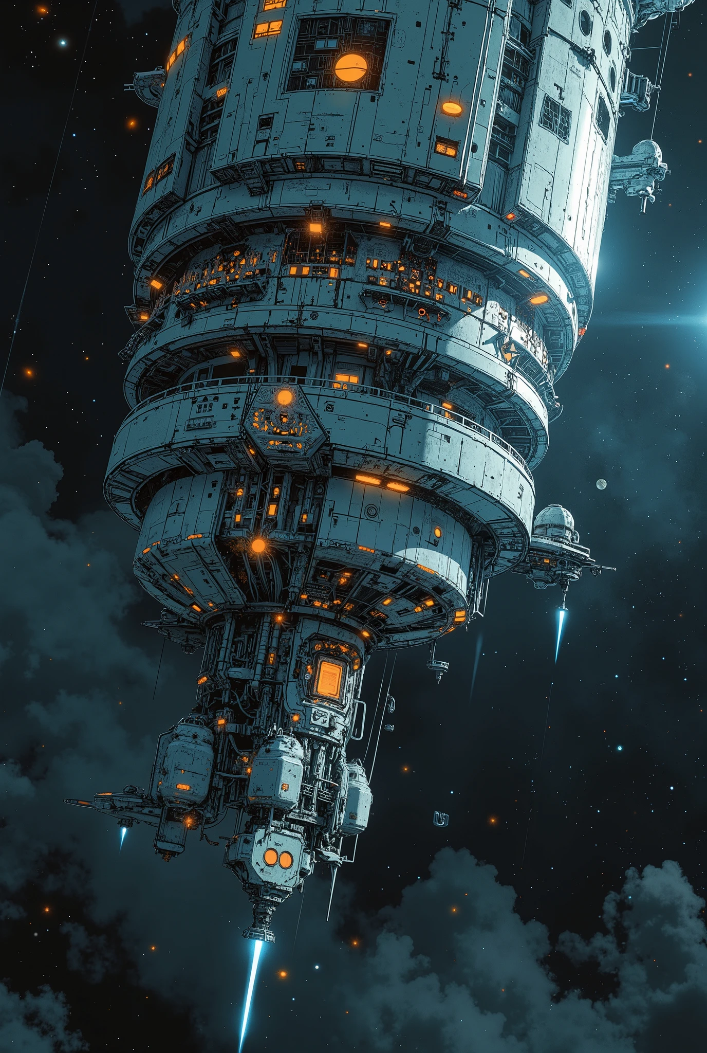 a cylindrical space colony in deep space, ultra detailed 8k, hyperrealistic, cinematic lighting, awe-inspiring, vast cosmic scale, distant planets, mysterious dark space, massive futuristic architecture, glowing windows, solar panels, docking bays, advanced technology