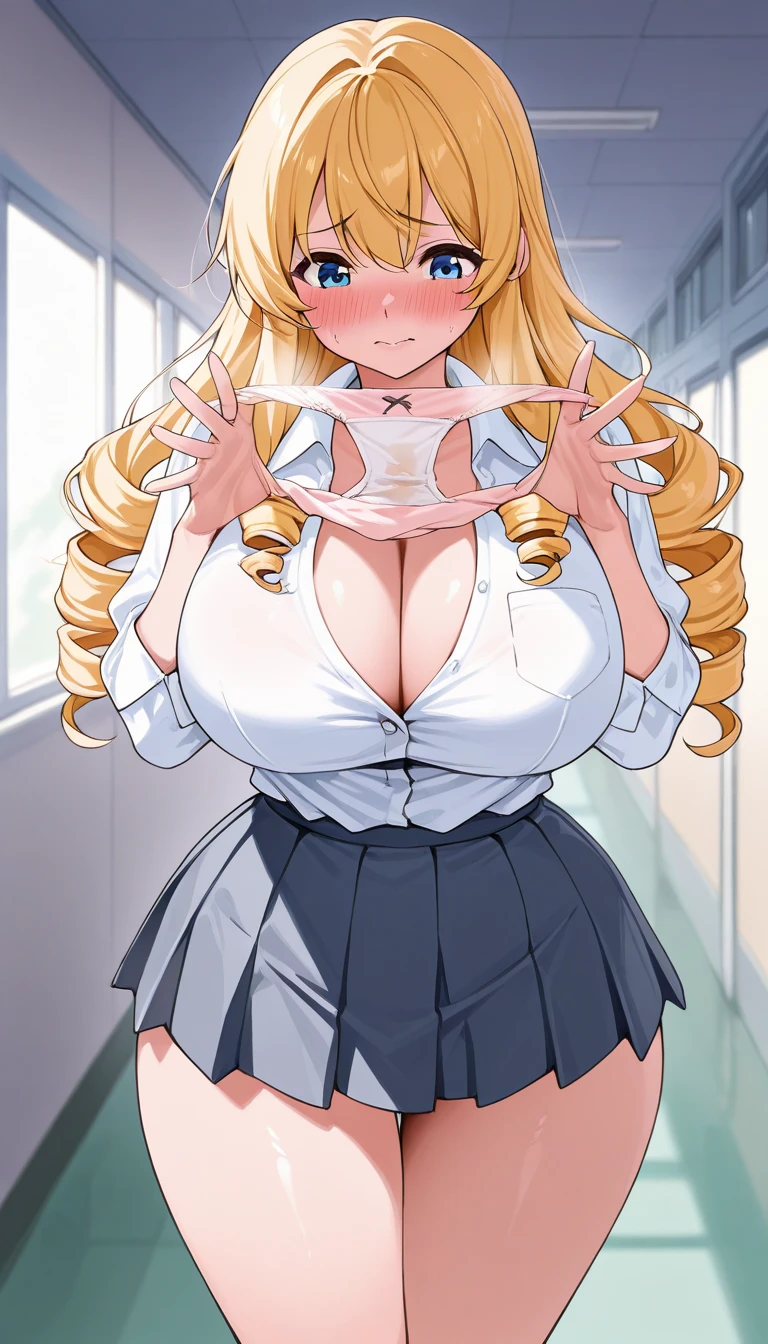 1girl,blonde drill long hair,school hallway,dress shirt,cleavage, micro_pleated skirt,huge breasts,wide hips,embarrassed,holding panties, unworn panties, stained panties