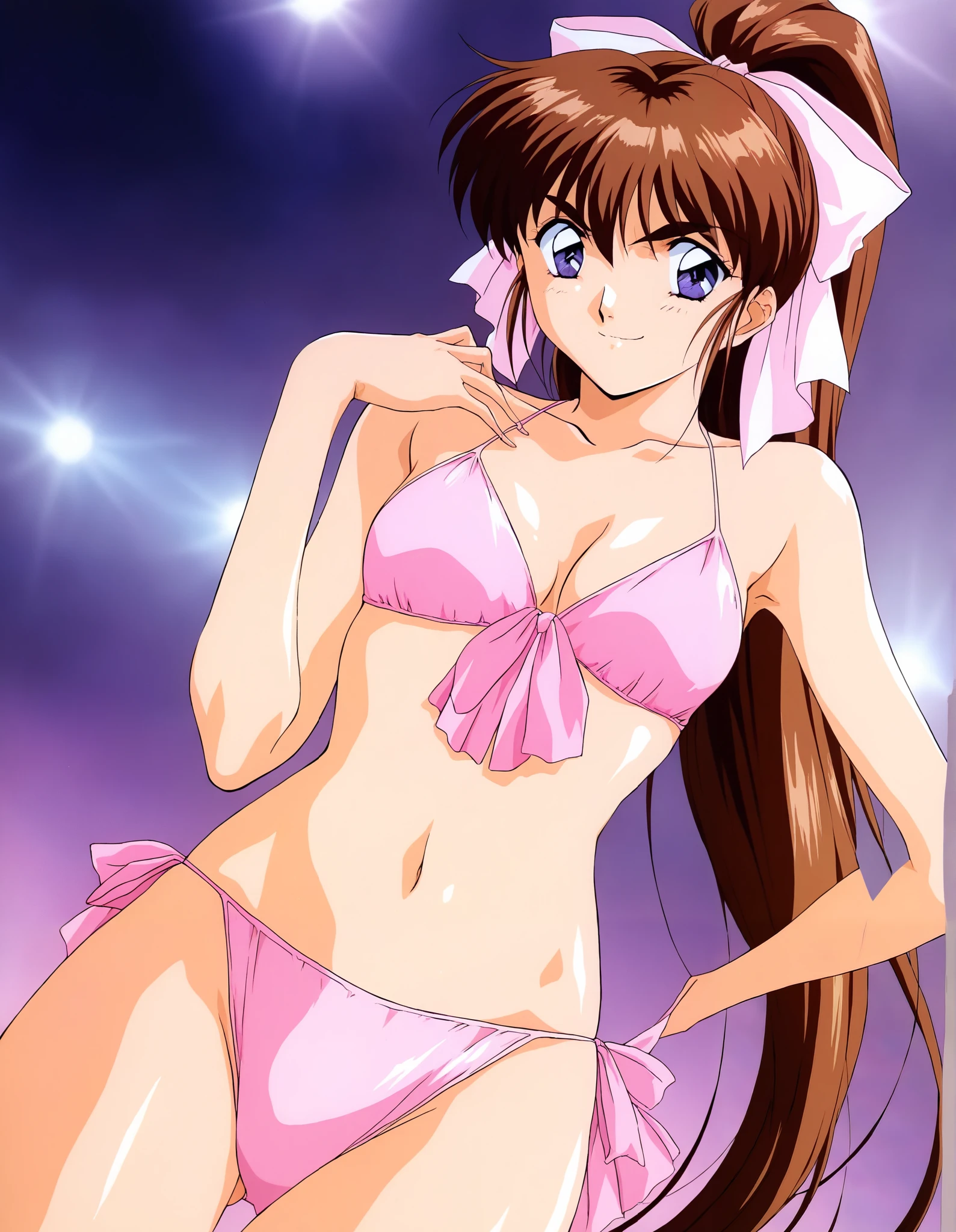 AMATSU _AI, single angle, (Alone), brown hair, ponytail, very long hair, ribbon, hair ribbon, hair bow, blue eyes, bangs, purple eyes, high ponytail, 1990s \(style\),anime coloring,  small breasts, cleavage, (blight smile:1.1),  sexy bikini, ( sexy pose ), ( I'm shy), Swimsuit competition,  stage, (Beauty Contest),  score_9,  score_8_superior,  score_7_superior,  source_anime, (best quality:1.2), masterpiece,  high quality , full color, 8k,  high definition,  natural makeup,  front light 