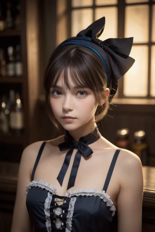 One girl, masterpiece, ((Highest quality:1.4)), 8K, Detailed skin texture, Detailed cloth texture, ((Beautifully detailed face:1.4)), Intricate details, Super detailed, Alice in Wonderland, (A ribbon on her head:1.1), (Upper Body),((Natural big breasts:1.4))