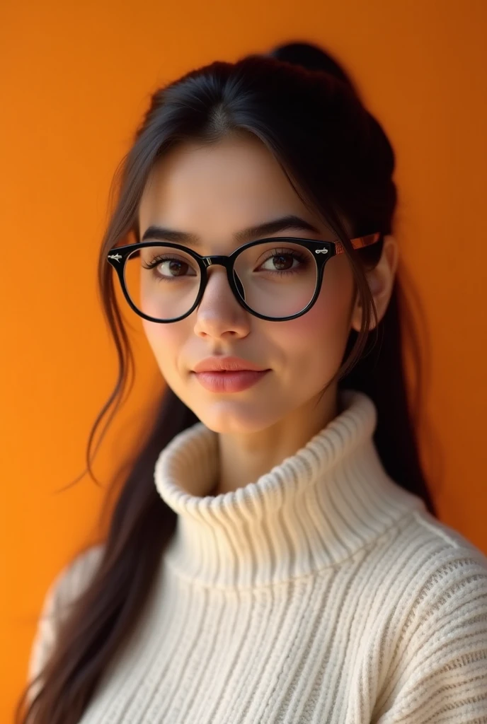 A real white young Arabic women, wear glasses, white switer, ponytail black long hair, big black eyes, pink lips, background low orange shiney, ultra quality 8k quality.