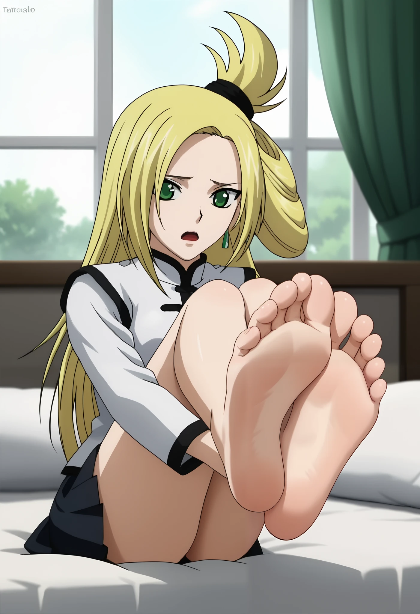 score_9, score_8_up, score_7_up, source_anime, 1girl, solo, blonde hair, green eyes, long hair, forehead, topknot, hair tie, single hair ring, earrings, open mouth, worried, sitting, hugging own legs, bed, bedroom, window, tatsunagi_kourin_uniform, chinese clothes,, medium breasts, looking at the viewer, barefoot, toes, soles, soles up, wrinkles, feet, foot focus, intricate details, perfectly drawn foot, each foot has exactly five toes,