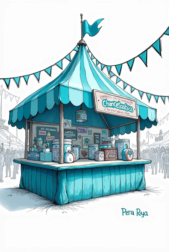 simple layout drawing of perya booth that has toy and any prizes with color Turquoise and Navy which is the name of the booth is chancetastics in sketch same as carnival