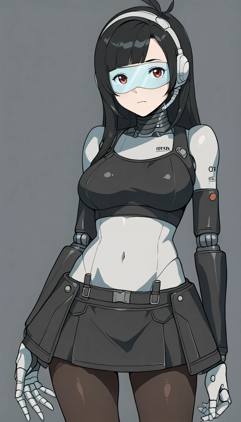 masterpiece, best quality, extremely detailed, (8K, 4K, Best Quality, hight resolution, 超A high resolution:1.1), ,8k portrait, Japaese android Girl,Plump , dark black leg cover,announcer,control panels,android,Droid,Mechanical Hand, Robot arms and legs, Black Robot Parts,Black long hair,Mechanical body,Blunt bangs,perfect mechanical abdomen,black robotics parts,perfect robot woman,future laboratory,cyber pank,charging spot,laboratory,long tube,thick cable connected her neck,black ceramic body ,perfect mechanical body, black robot body,lod antenna,mechanical ear cover,android,robot humanoid,black sponge joints,The removable cover is in the groin,The connection port is in the groin,opened chest panel,access panel on the chest,opened breast panel,perfect mechanical breast,perfect black machine body,perfect black android body,She has repaired,assembly plant,no human skin,visor,mistyrobot,tifa lockhart(final fantasy),smile,spread arm,robot joint,doll joint,robotization,pussy,mecha musme,robot transformation,dress,skirt,android,pantyhose,spread leg,spread pussy