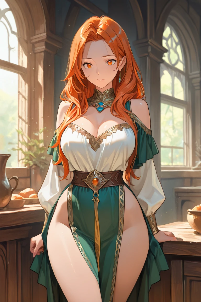 beautiful woman, milf, with long orange hair, orange eyes, and a detailed background, every detail is rendered in superb detail, perfect composition, masterpiece, best quality, 8k, ultra-detailed, anime, correct anatomy, detailed face, correct eye anatomy,  illustration,fantasy clothes, merchant , wide hips